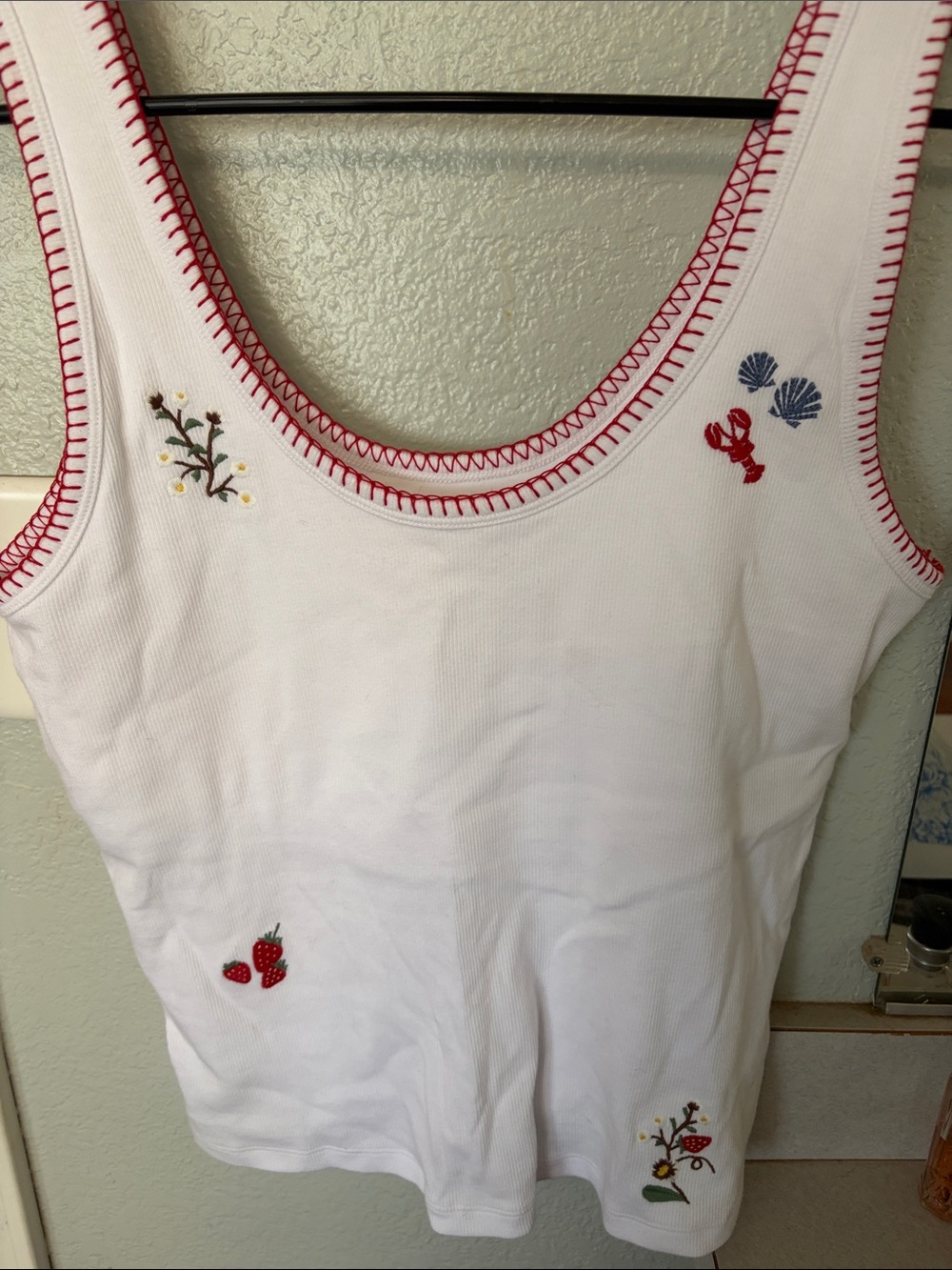 Abercrombie & Fitch White Tank Top with Red Trim and Multi-Color Embroidery